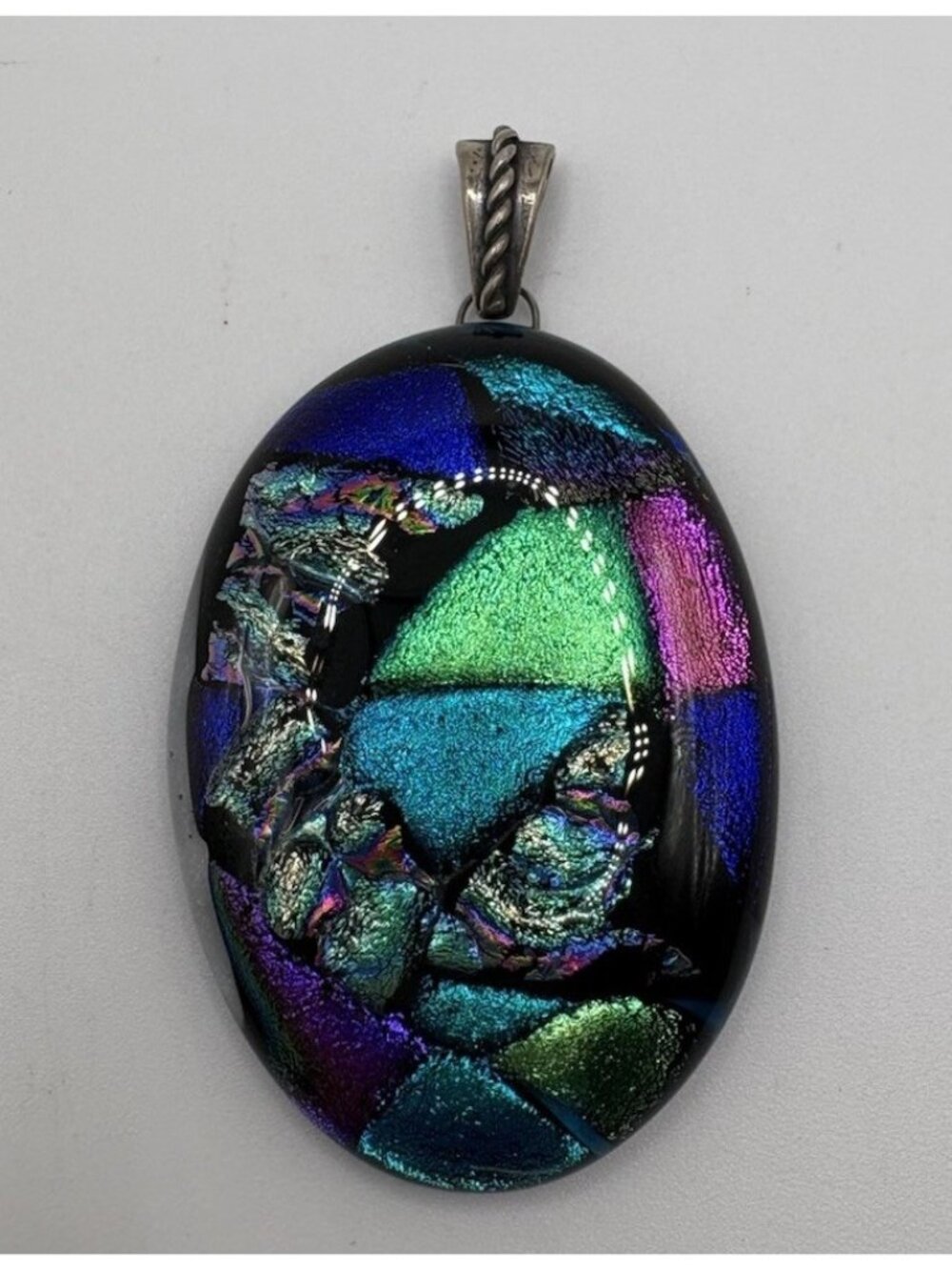 Sterling Silver Bail Dichroic Glass Large Oval Statement Pendant Artisan Boho